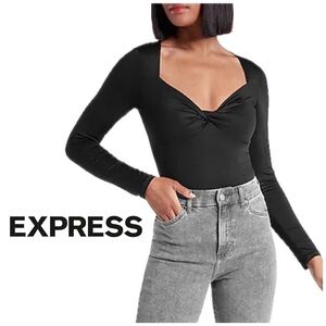 Express Body Contour Metallic Twist Front Thong Bodysuit in Black